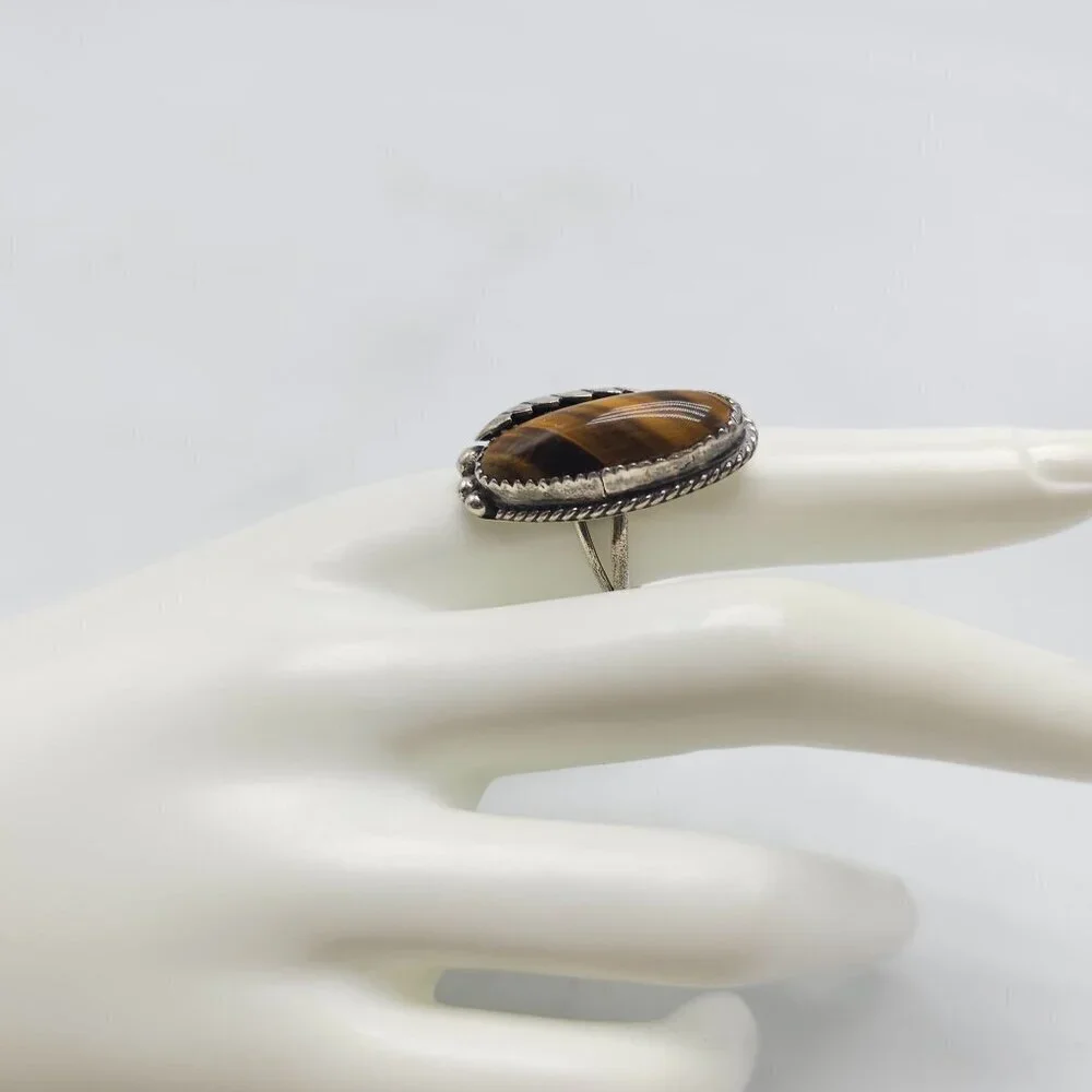Vintage Sterling Silver Dead Pawn Tigers Eye Oval Ring Size 7.5